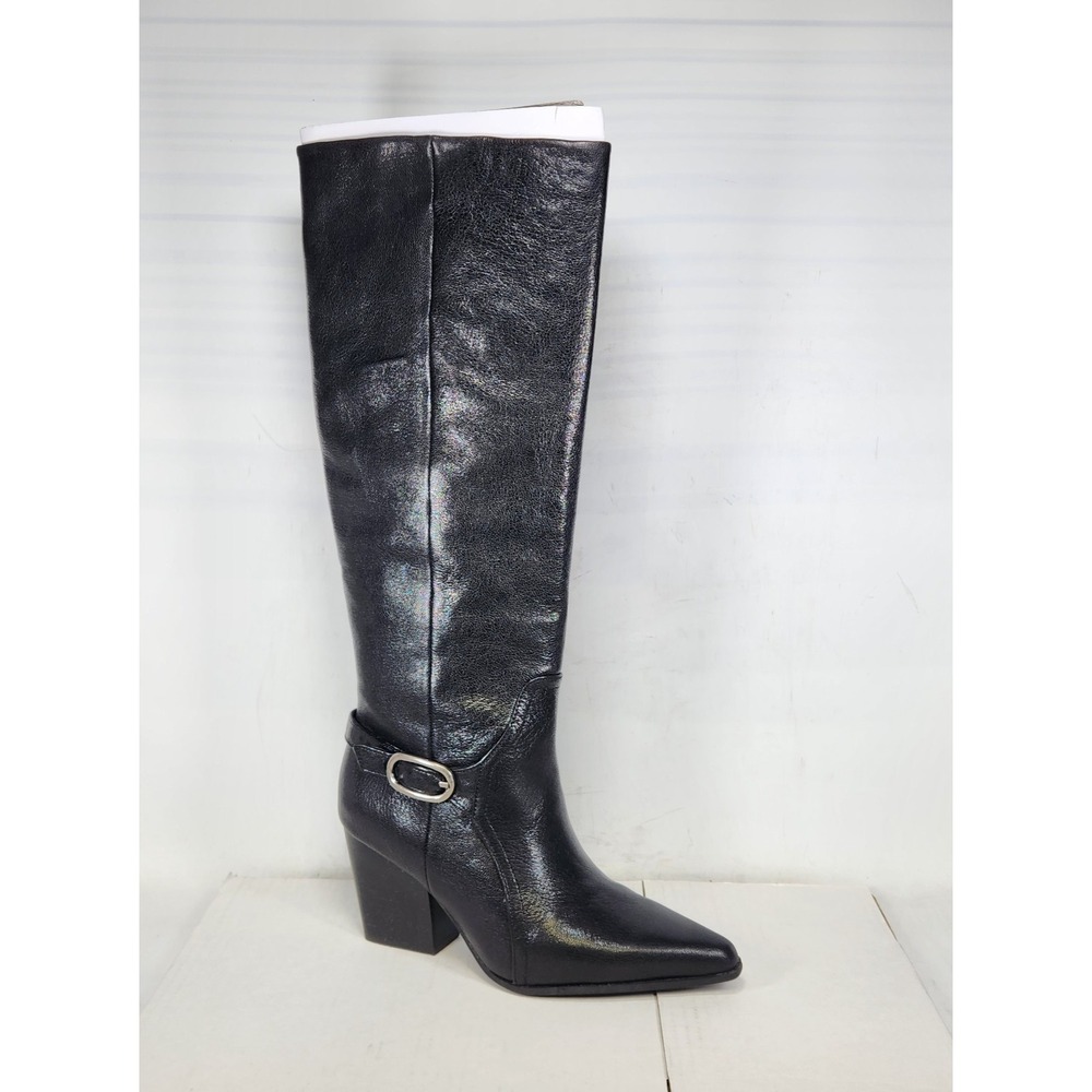 Saddle Tall Boots Women Size 6.5 Black Pointed Toe Block Heel Buckle Strap